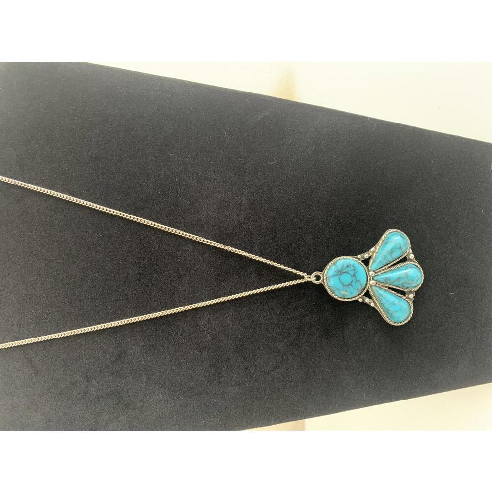 Vintage Silver Tone Turquoise Style Pendant Necklace 13.5" Drop Southwest Boho